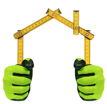 Close-up of two hands with work gloves holding a folding ruler in the shape of a house