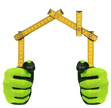 Close-up of two hands with work gloves holding a folding ruler in the shape of a house